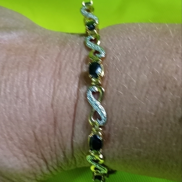 Two tone goldtone silvertone blue stone marked 925 bracelet - Picture 5 of 9